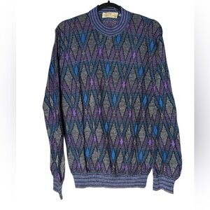 VTG Pronto Uomo Made Italy Geometric Diamond Knit Sweater Large Grandpa Purple